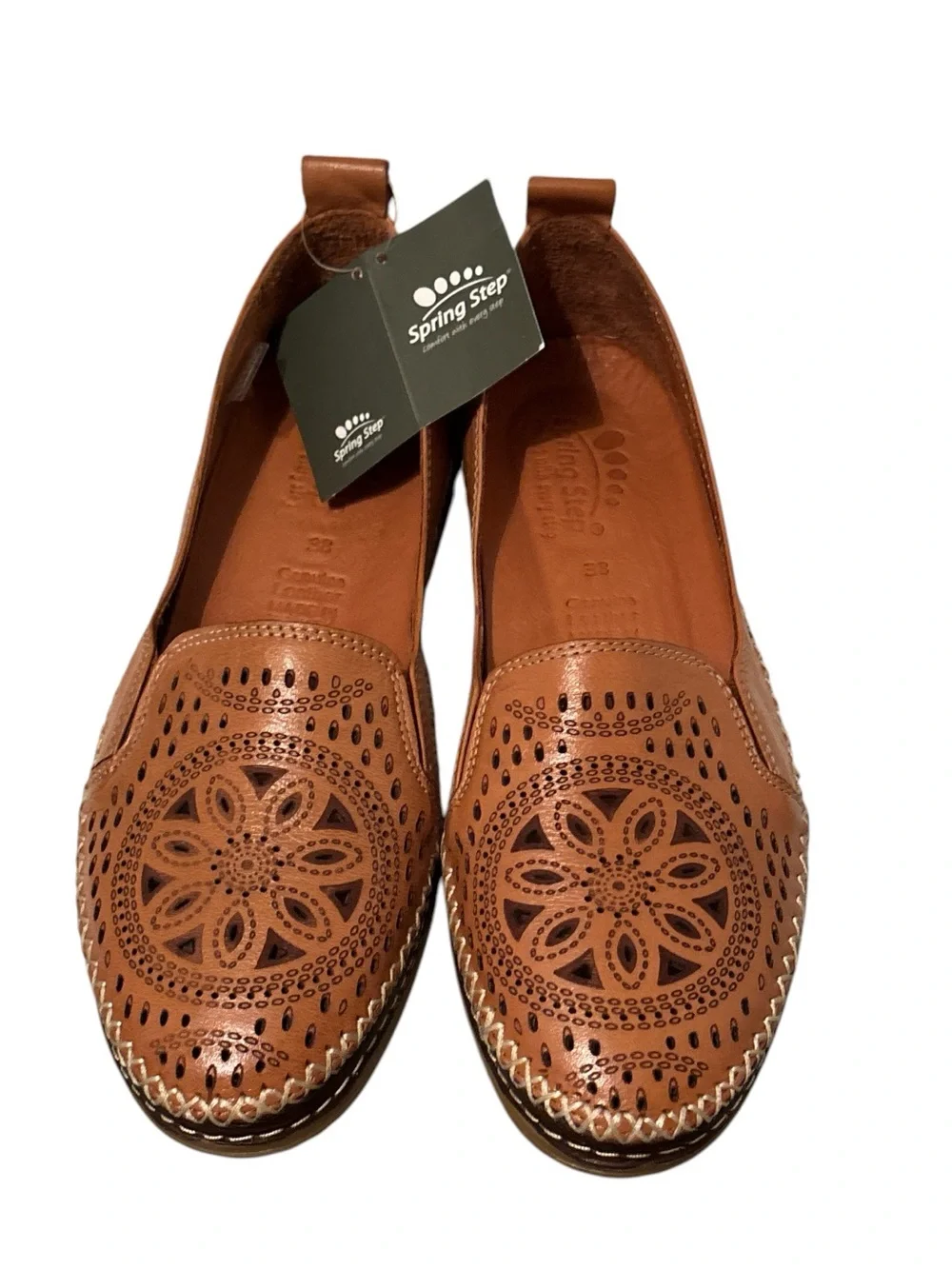 NEW Spring Step Ingrid Perforated Leather Slip-On Comfort Loafers Camel Size 38